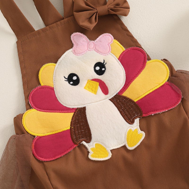Amnnchya Baby Girl Thanksgiving Outfit Pumpkin Turkey Costumes Sleeveless Tulle Romper Newborn Halloween Outfit Girl (Brown  3-6 Months) - Image 5